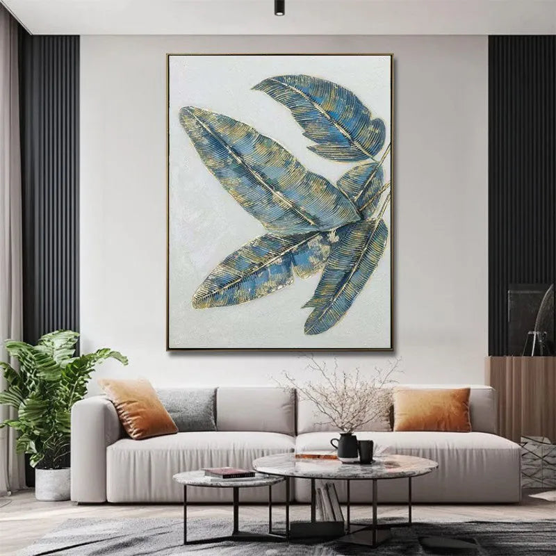 Hand-painted abstract green and golden banana leaves canvas wall art, rolled and frameless, on a white background