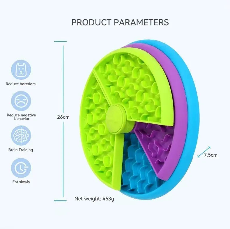 Three-tier rotating slow feeder bowl for cats and dogs, made of PP plastic, 26cm wide, with non-slip base.