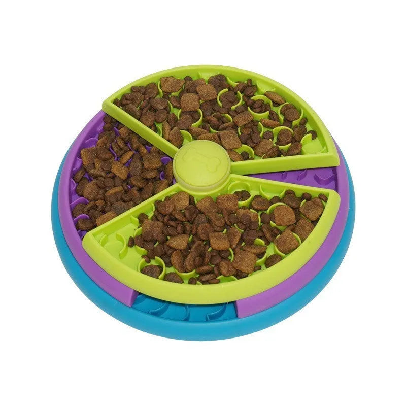 Three-tier rotating slow feeder bowl for cats and dogs, made of PP plastic, 26cm wide, with non-slip base.