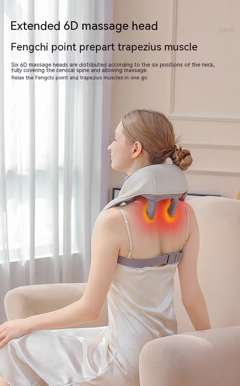 Milky white rechargeable shoulder and neck massager with kneading function and infrared physiotherapy