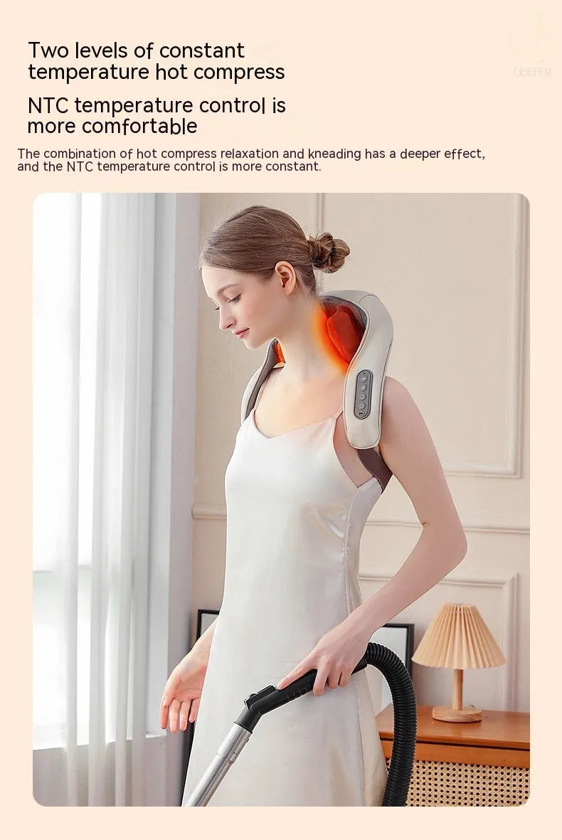 Milky white rechargeable shoulder and neck massager with kneading function and infrared physiotherapy