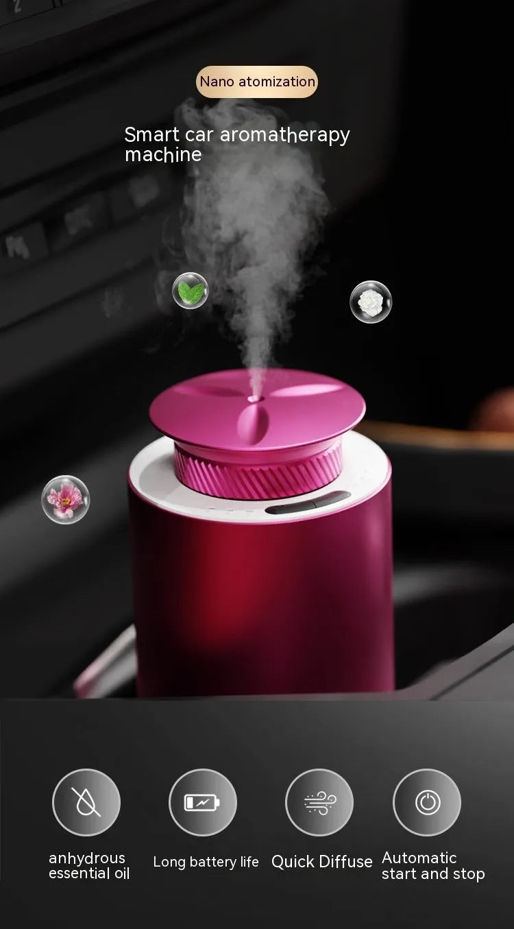 Column-shaped metal portable aroma diffuser in black, rose red, silver grey, or blue grey.