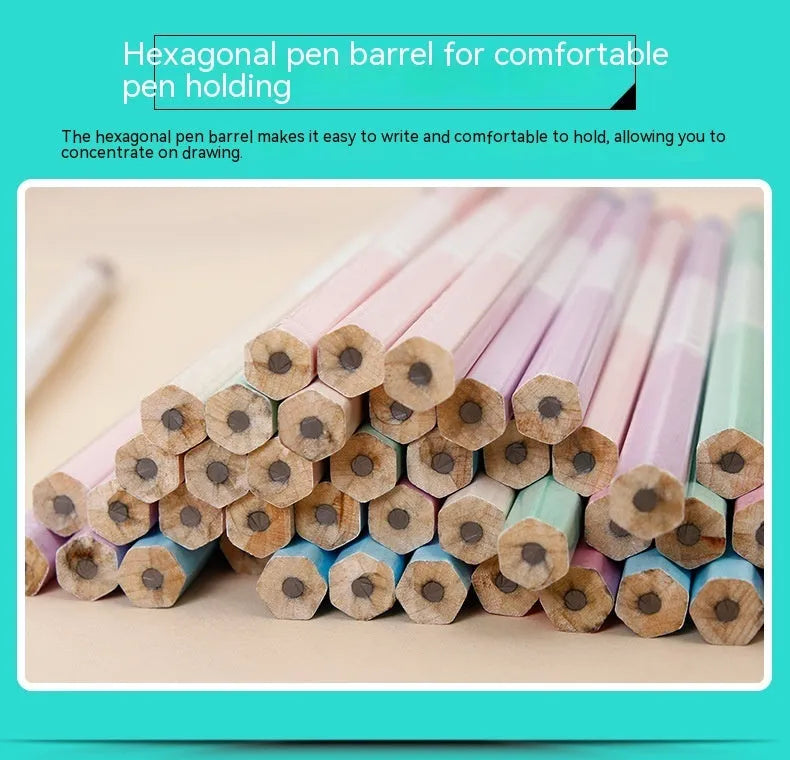 Barrel of 50 basswood hexagonal pencils with HB graphite refills, showing six-angle design.