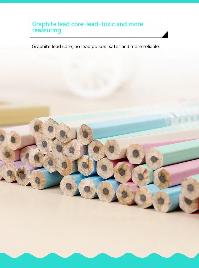 Barrel of 50 basswood hexagonal pencils with HB graphite refills, showing six-angle design.