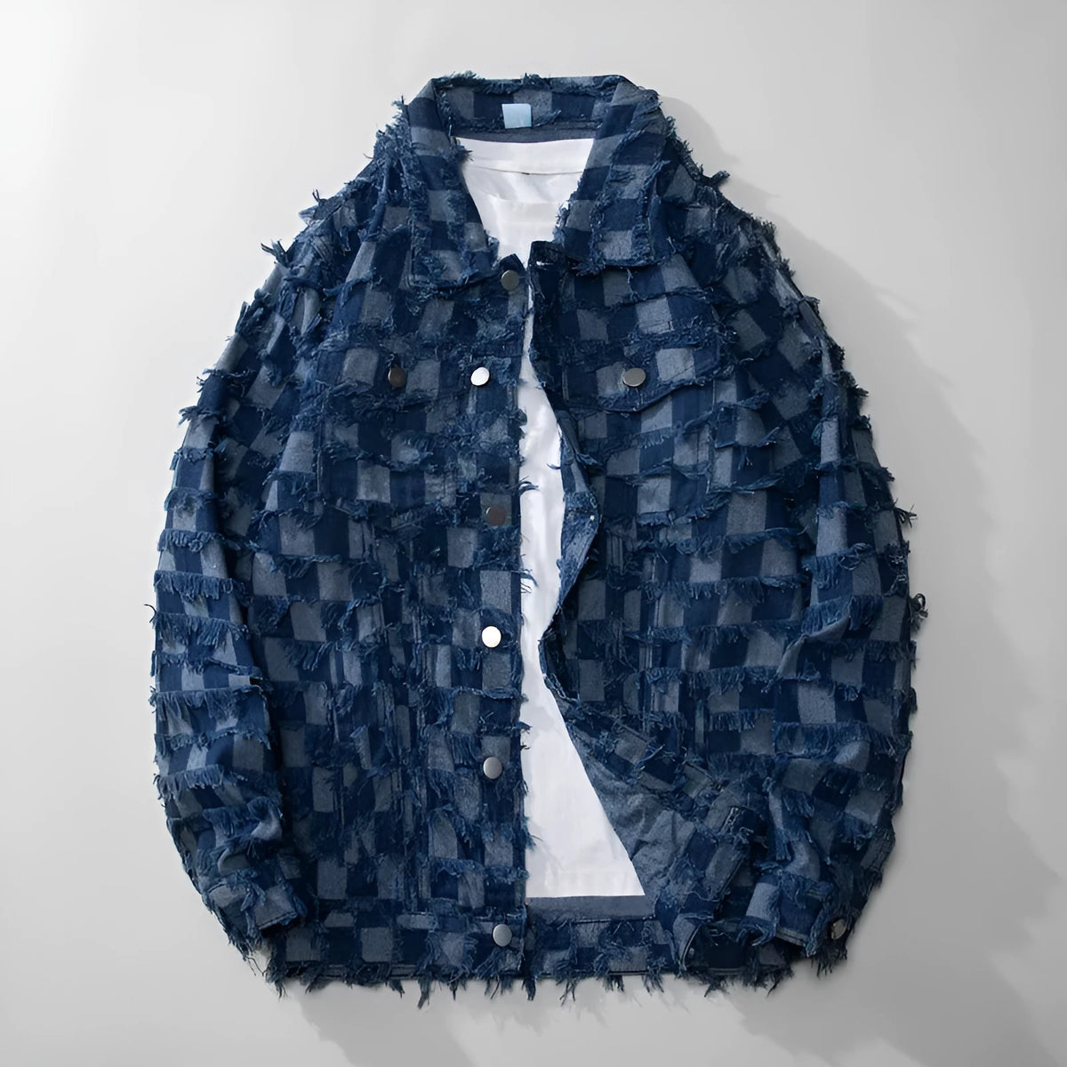Blue loose-fit hooded cowboy denim jacket for men with sandblasted finish, front view