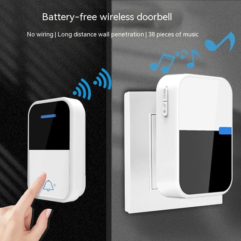 White plastic wireless doorbell kit with plug-in chime and self-powered button, shown with EU and US plugs.