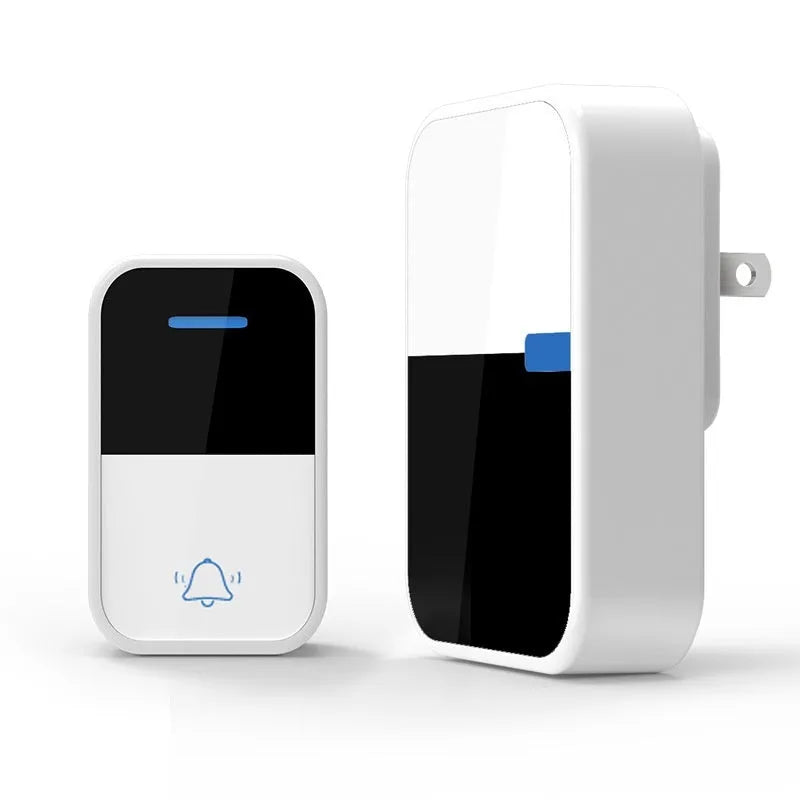 White plastic wireless doorbell kit with plug-in chime and self-powered button, shown with EU and US plugs.