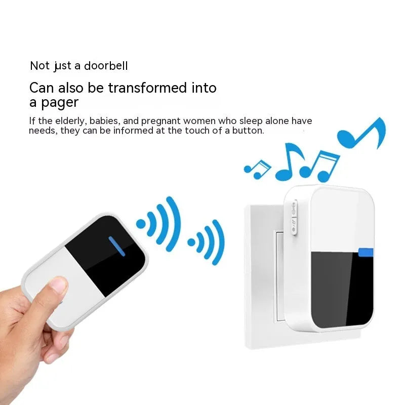 White plastic wireless doorbell kit with plug-in chime and self-powered button, shown with EU and US plugs.