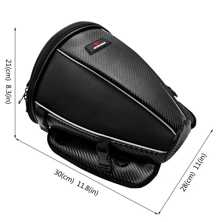 Black motorcycle waterproof crossbody bag with reflective strips and multiple pockets