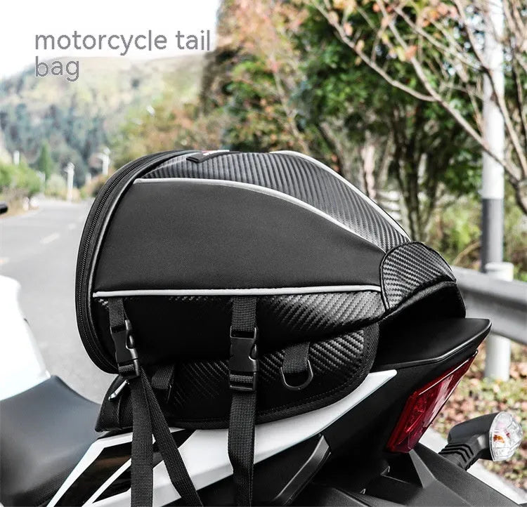 Black motorcycle waterproof crossbody bag with reflective strips and multiple pockets
