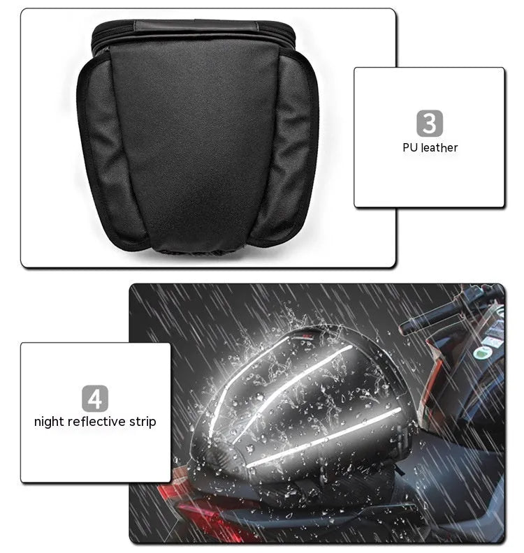 Black motorcycle waterproof crossbody bag with reflective strips and multiple pockets