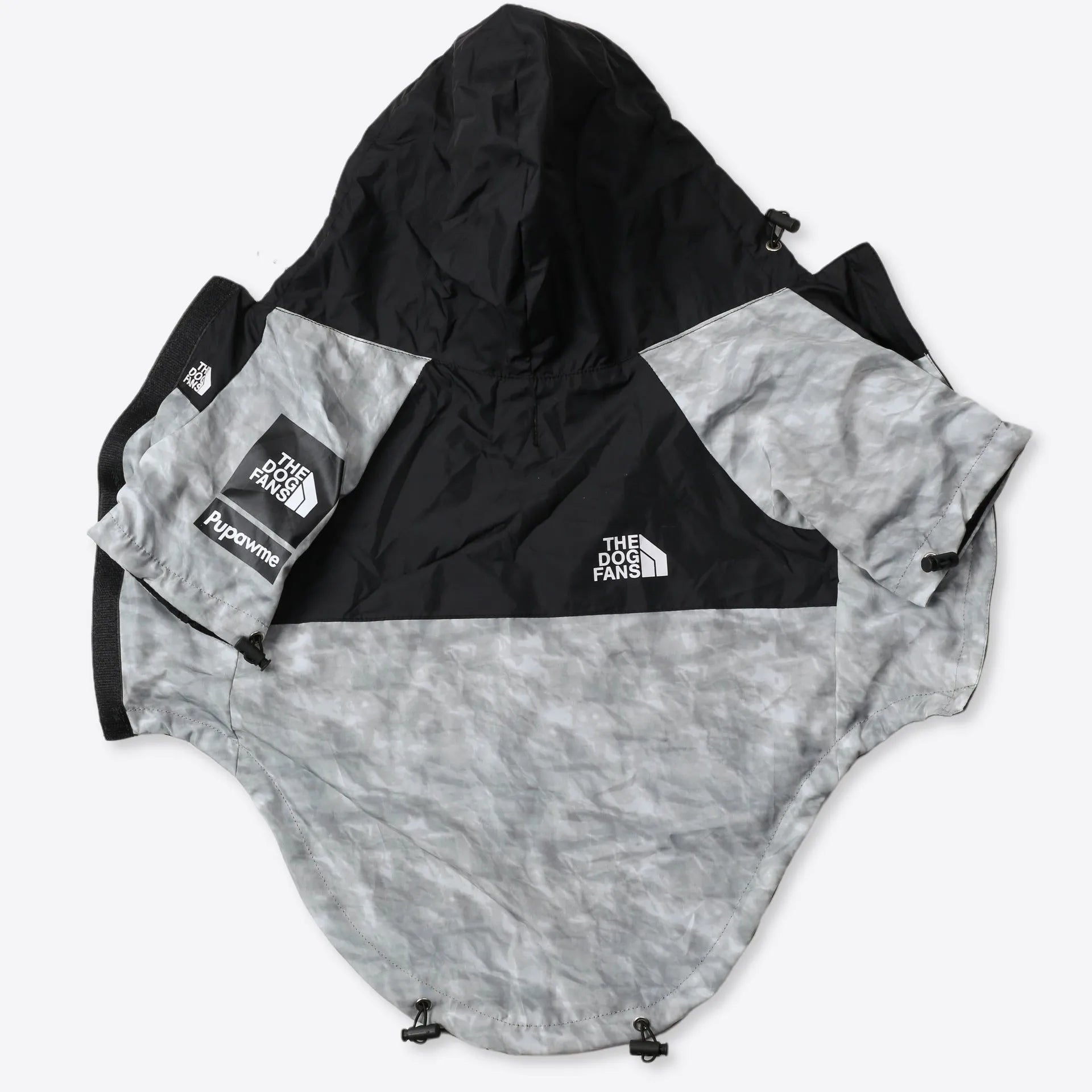 Dog shell jacket in polyester, available in sizes S-5XL, black or waste paper print.
