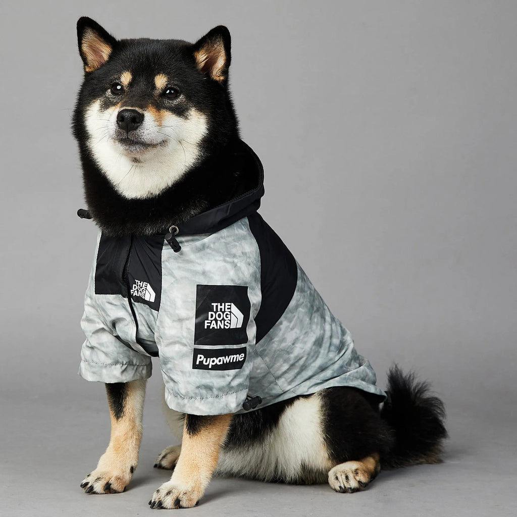 Dog shell jacket in polyester, available in sizes S-5XL, black or waste paper print.
