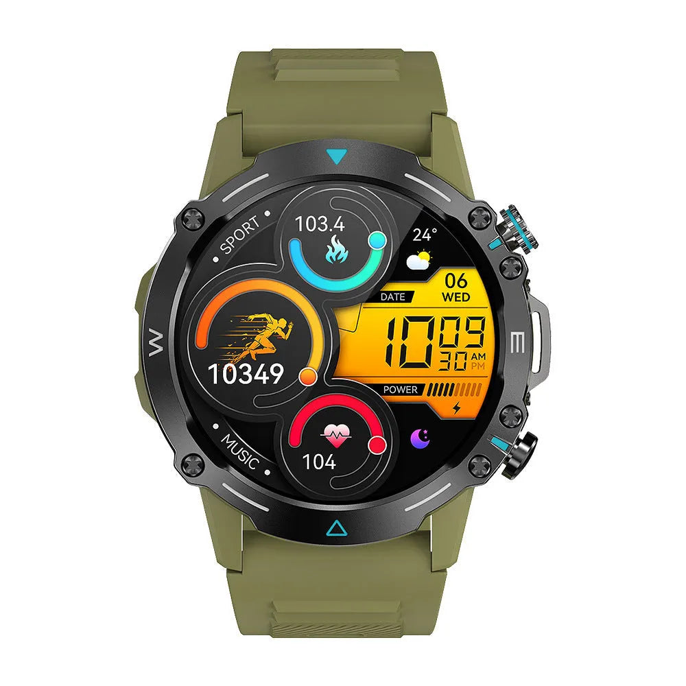 M42 smart watch in black, grey, or green with large AMOLED screen and IP68 waterproof rating.