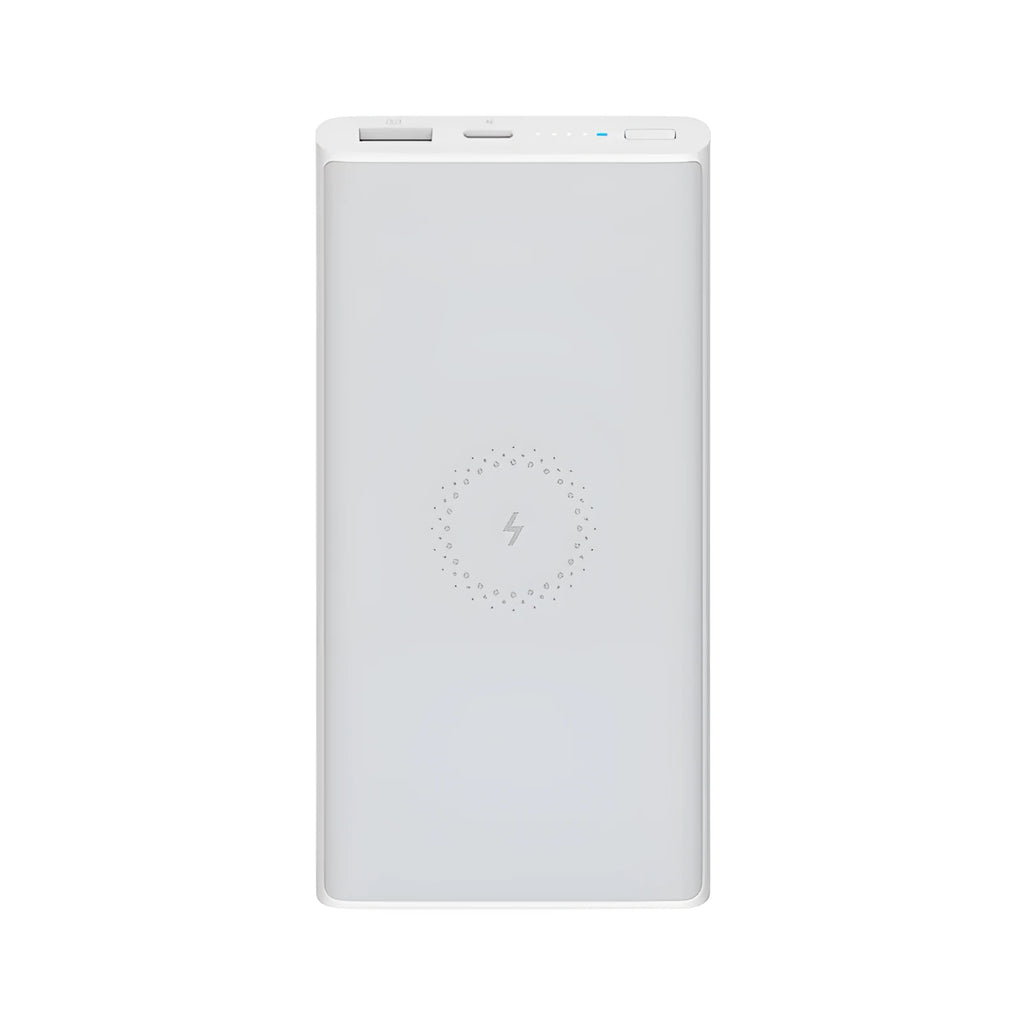 Black and white 10000mAh power bank with wireless charging and USB Type C port.