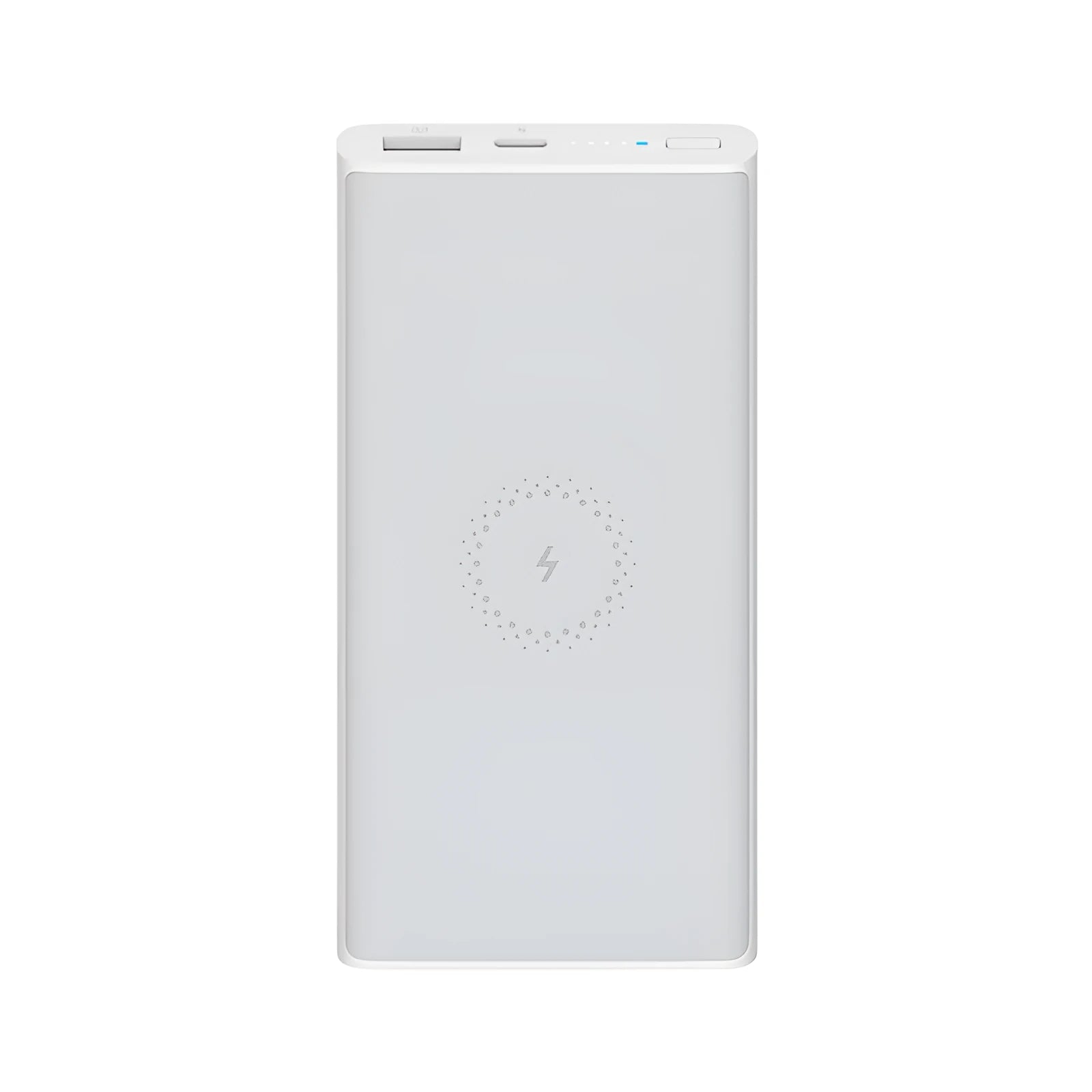 Black and white 10000mAh power bank with wireless charging and USB Type C port.