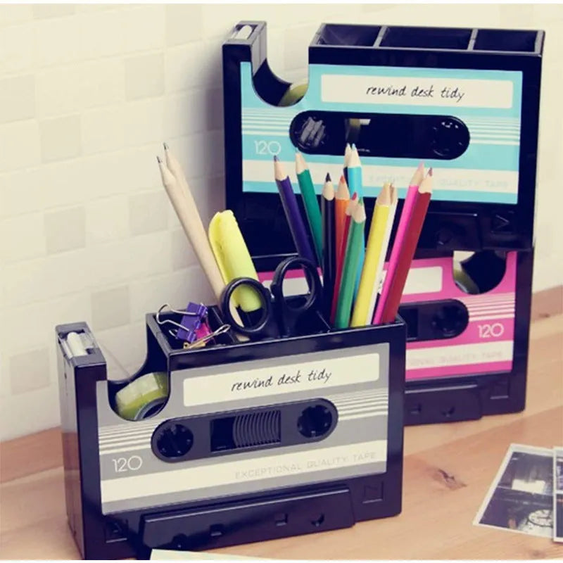 Creative plastic multifunctional pen holder storage box in blue, 17x5x11.5cm, on a desk