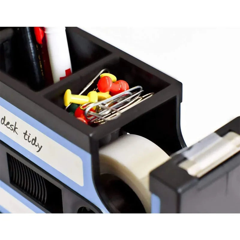 Creative plastic multifunctional pen holder storage box in blue, 17x5x11.5cm, on a desk