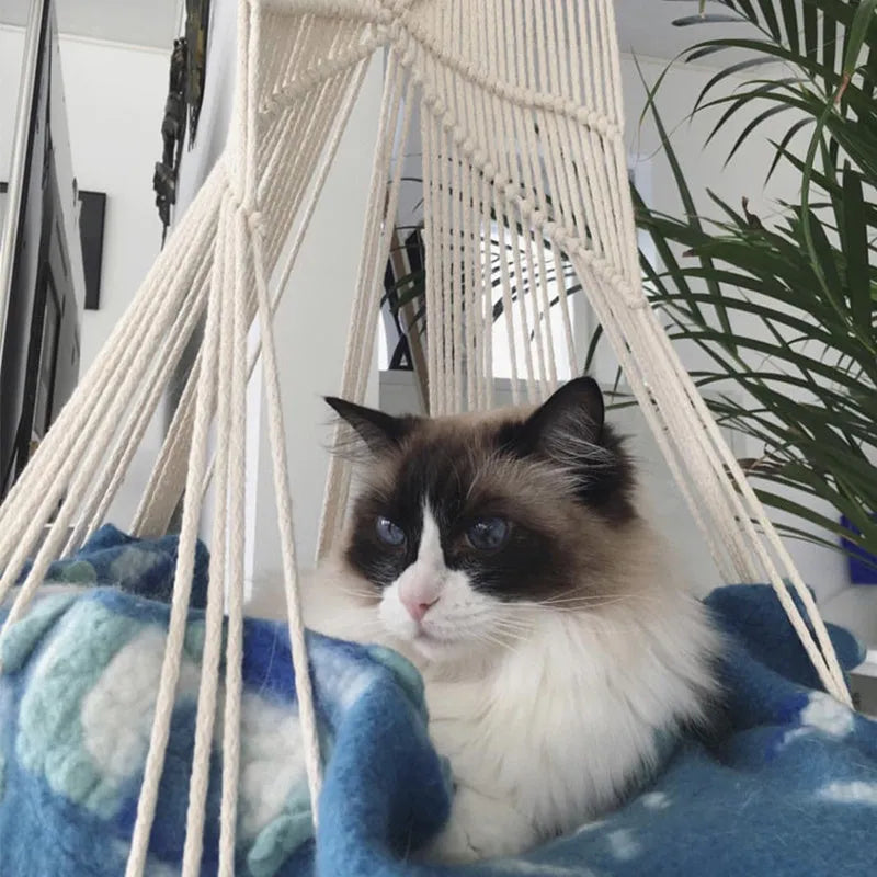 Handmade macrame cotton rope pet swing cage bed in rectangular plain European style for indoor use