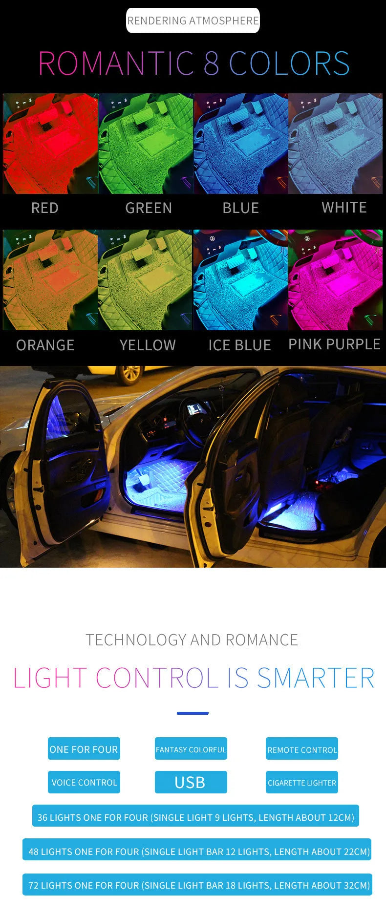 Car footwell LED atmosphere lighting strips with smartphone APP control showing eight colour options