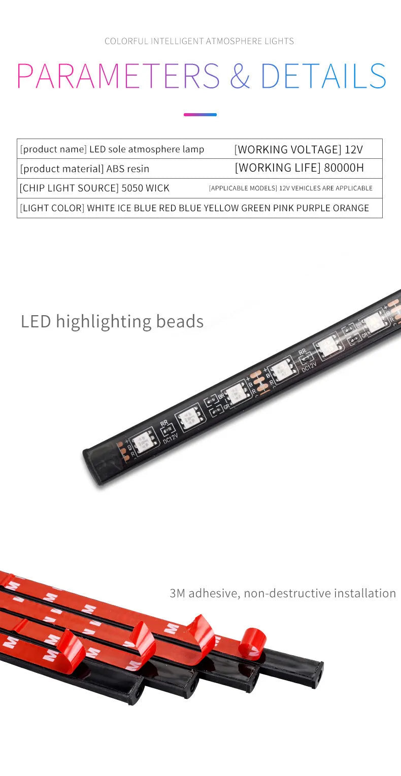 Car footwell LED atmosphere lighting strips with smartphone APP control showing eight colour options