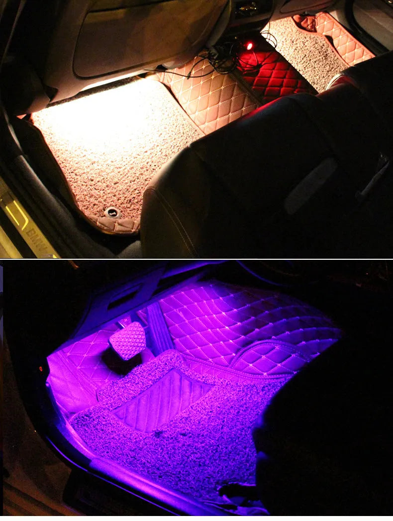 Car footwell LED atmosphere lighting strips with smartphone APP control showing eight colour options