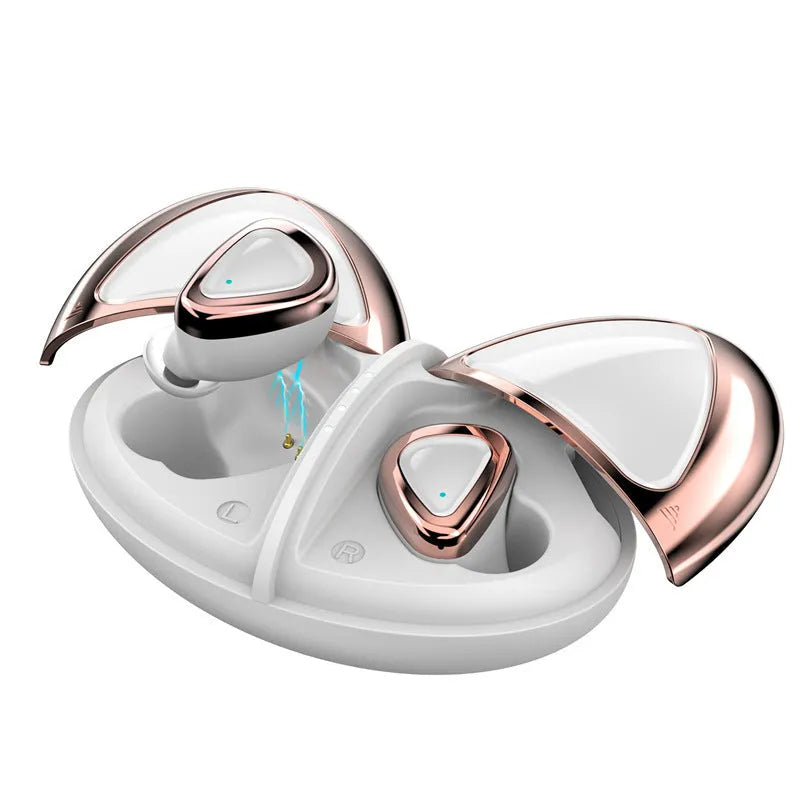 True wireless Bluetooth headset in Champagne White with breathing light and earplug design