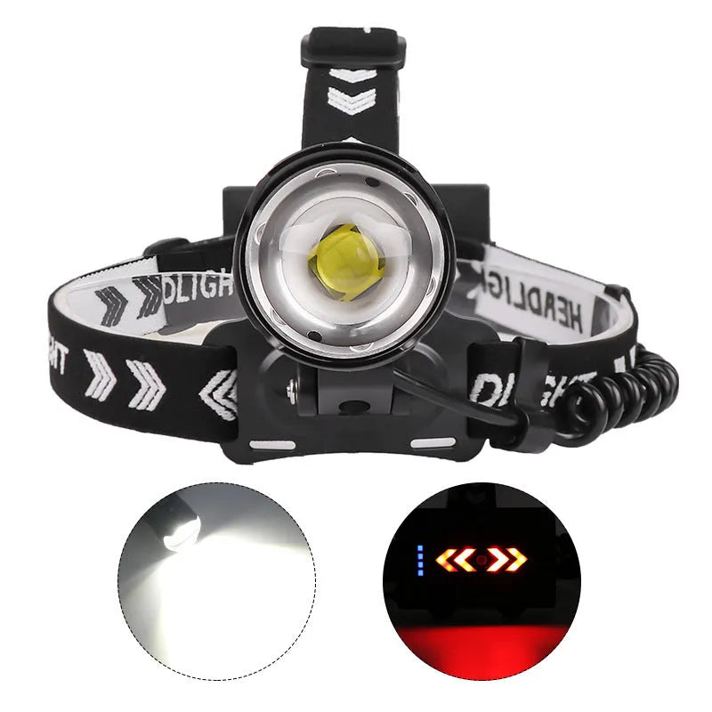 Black aluminium alloy USB rechargeable headlamp with telescopic zoom lens and head strap.