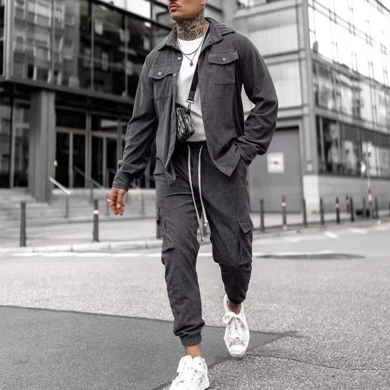 Men's cotton blend long sleeve sports suit set in army green, jacket and trousers, autumn casual tracksuit