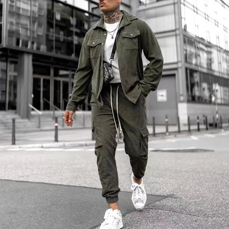 Men's cotton blend long sleeve sports suit set in army green, jacket and trousers, autumn casual tracksuit