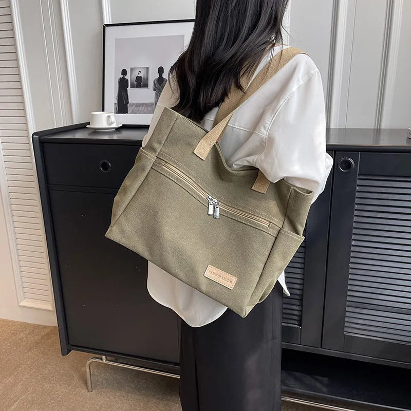 Canvas shoulder bag women's tote handbag in gray with contrast stitching and double shoulder straps