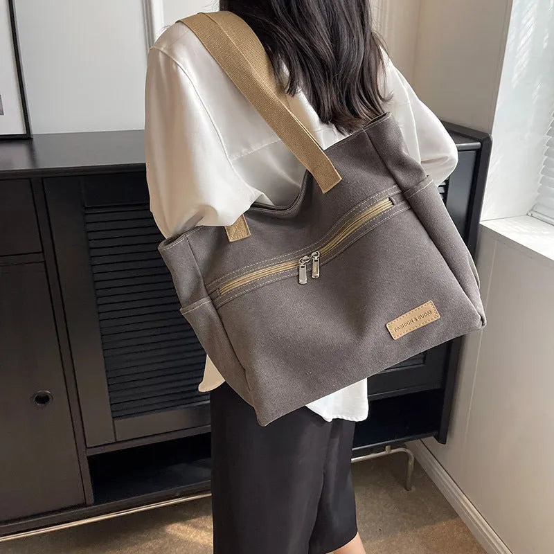 Canvas shoulder bag women's tote handbag in gray with contrast stitching and double shoulder straps