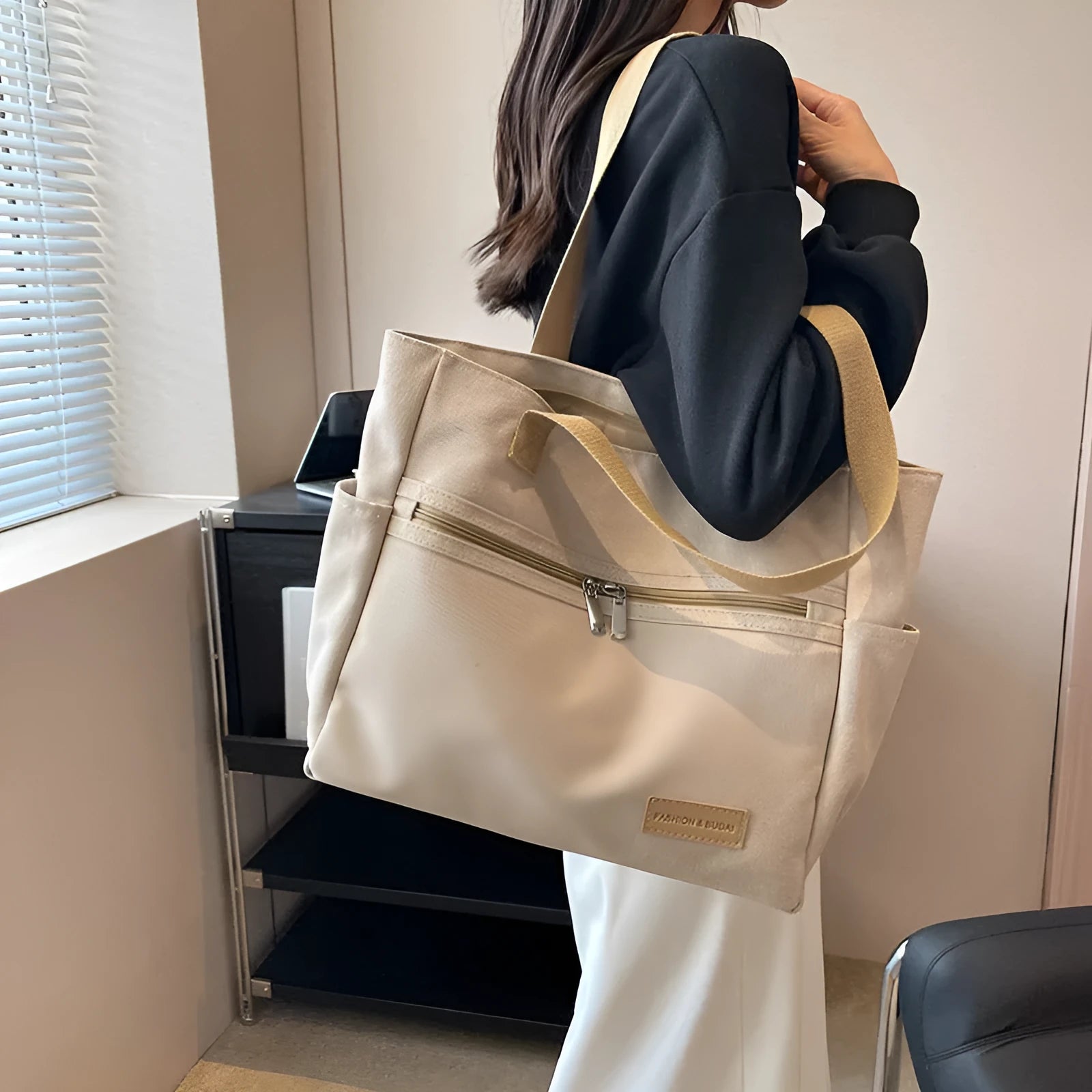Canvas shoulder bag women's tote handbag in gray with contrast stitching and double shoulder straps