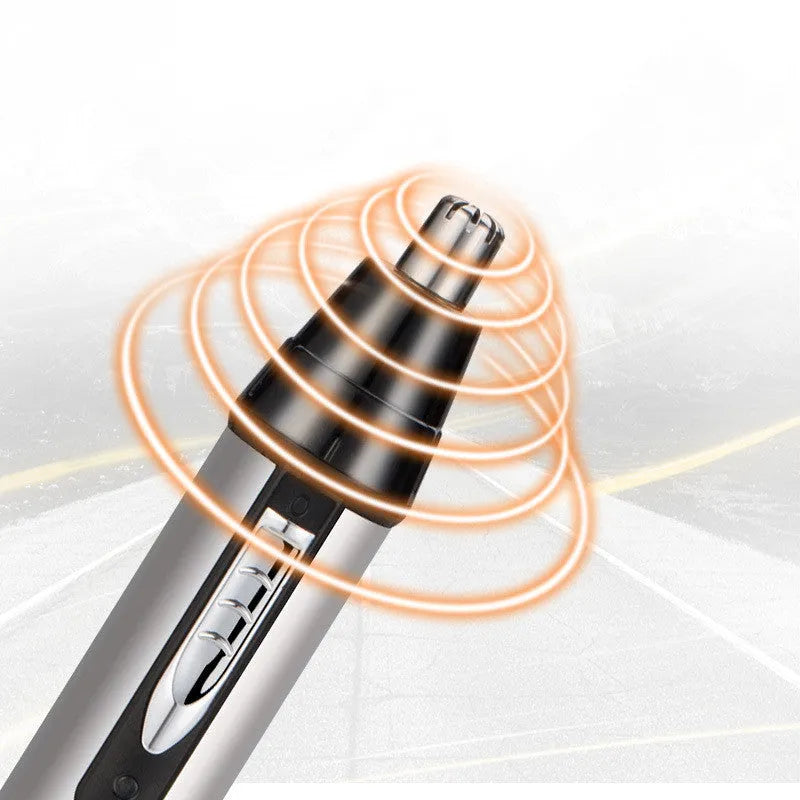 White male electric nose hair trimmer set with multiple grooming heads and USB charging cable