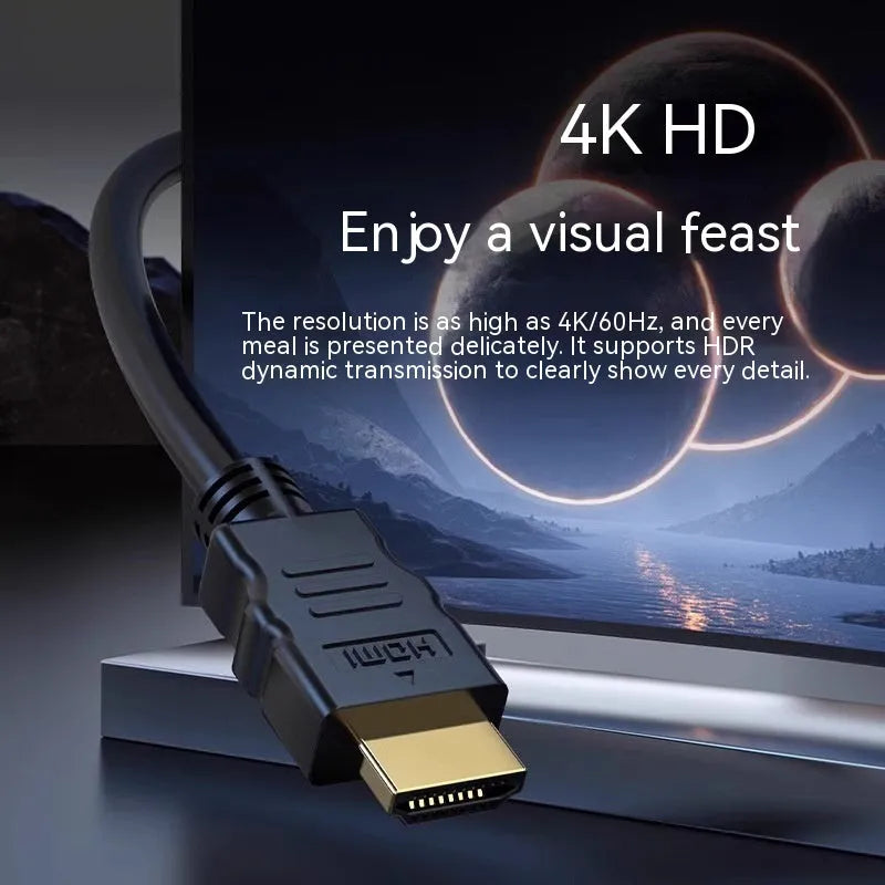 Black HDMI data cable with gold-plated 19+1 connector, shown at 1.5m length for TV set-top box or monitor