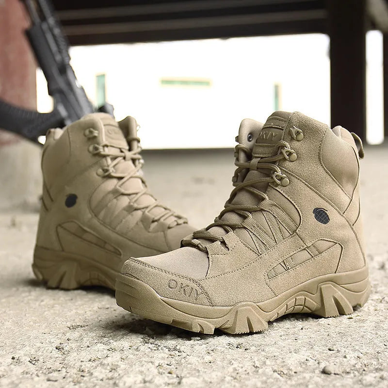 Brown outdoor tactical boots with non-slip sole and round toe for hiking and desert combat