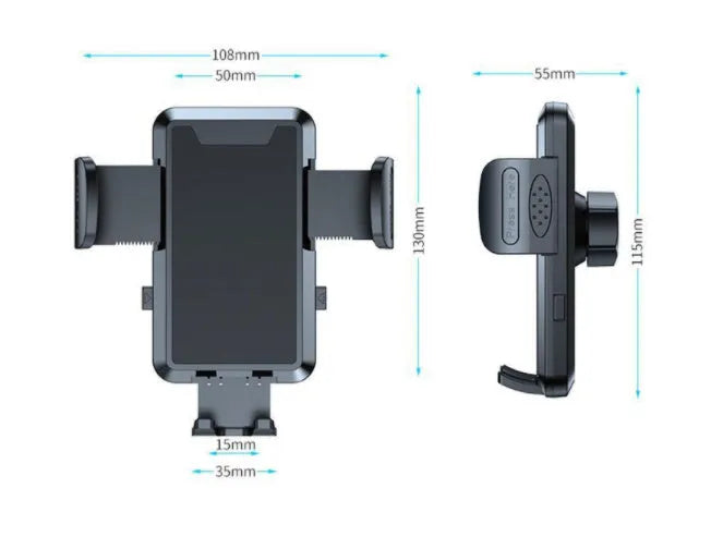 Car phone holder clipped onto a vehicle air conditioning vent, available in black, carbon fibre black, or grey plastic