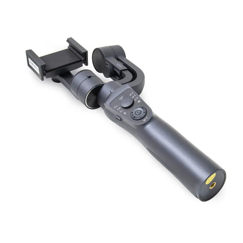Black three-axis handheld smartphone gimbal stabiliser on a tripod with a hard case.