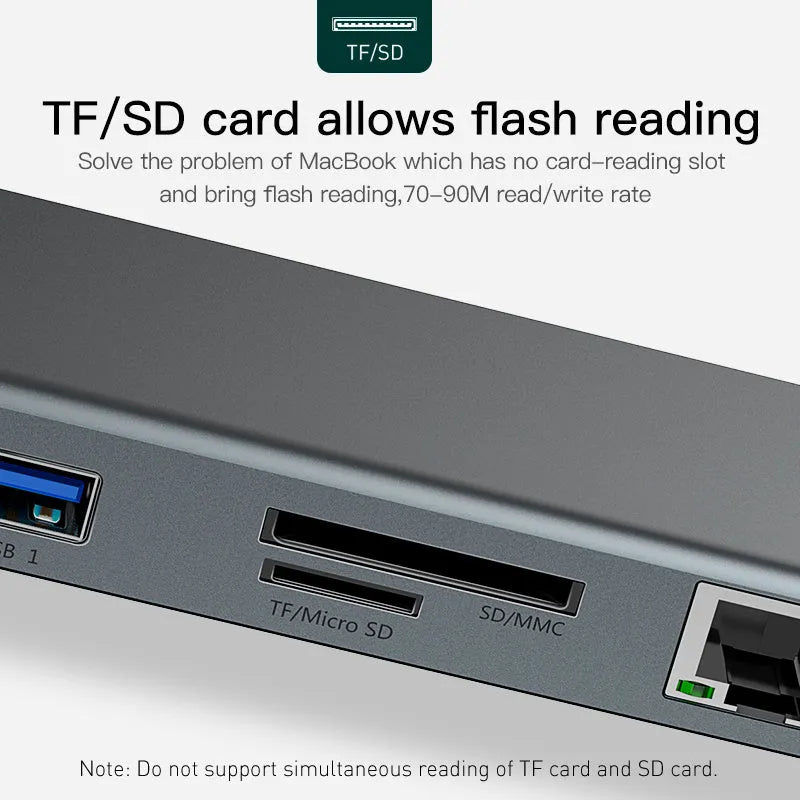 Aluminium alloy USB-C docking station with cooling bracket, ten ports including HDMI and VGA.