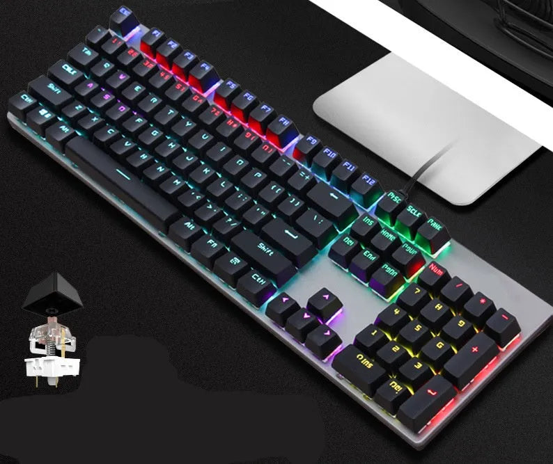 AOC GK410 wired mechanical keyboard with 104 keys and metal frame on a desktop.