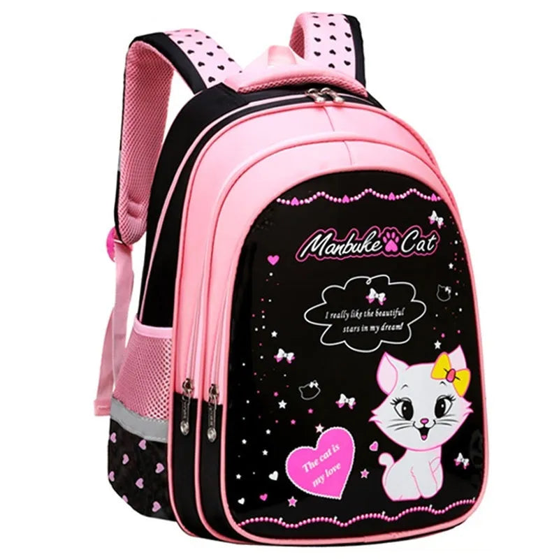 Blue kids school backpack with cute cat print showing front zipper compartment and shoulder straps
