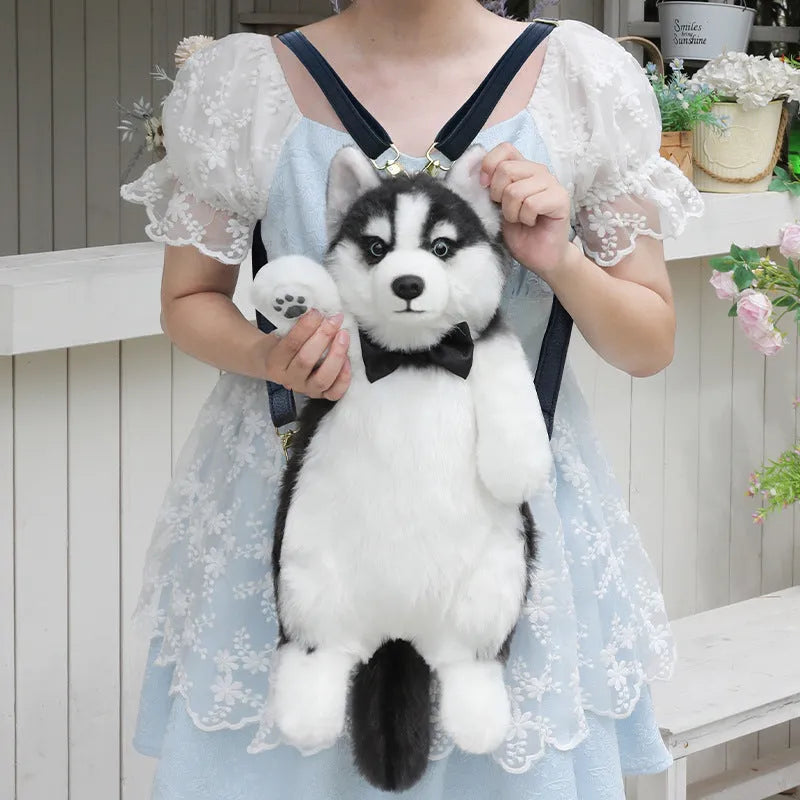 Husky plush simulation bag toy with blue plaid scarf in gift box packaging
