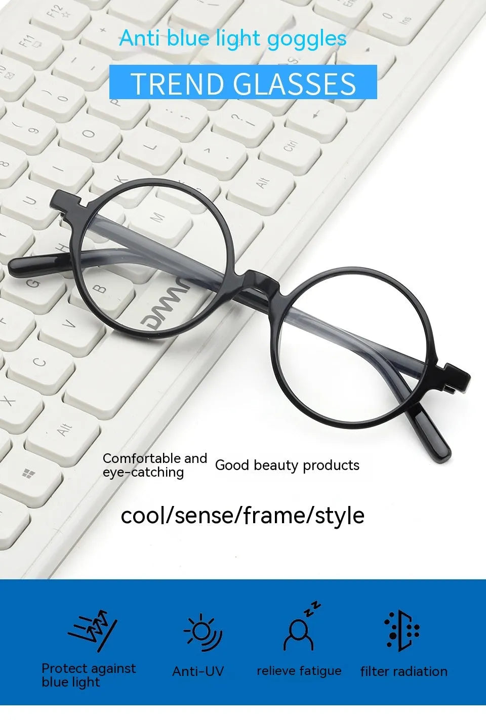 Artistic retro round glasses frame in bright black, sand black, tofu pudding, and transparent grey colours.