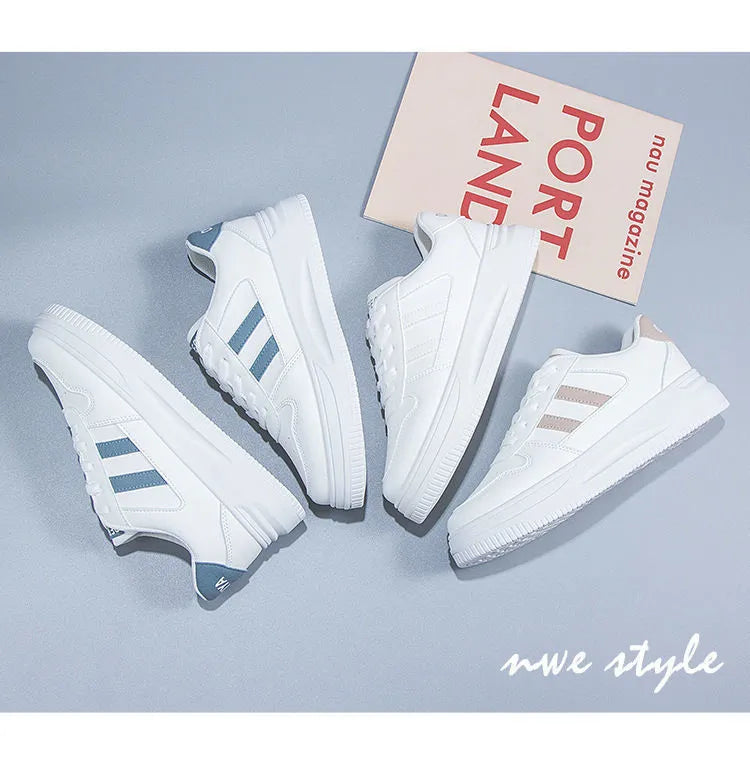 Women's casual sports sneakers with 3-5cm mid heel, artificial PU or mesh upper in white, blue or khaki, rubber sole