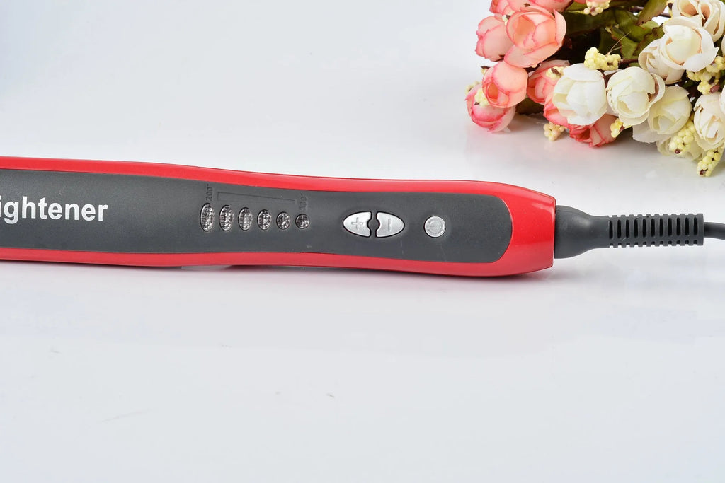 Straight hair comb with ceramic heated brush and ion technology in black and red