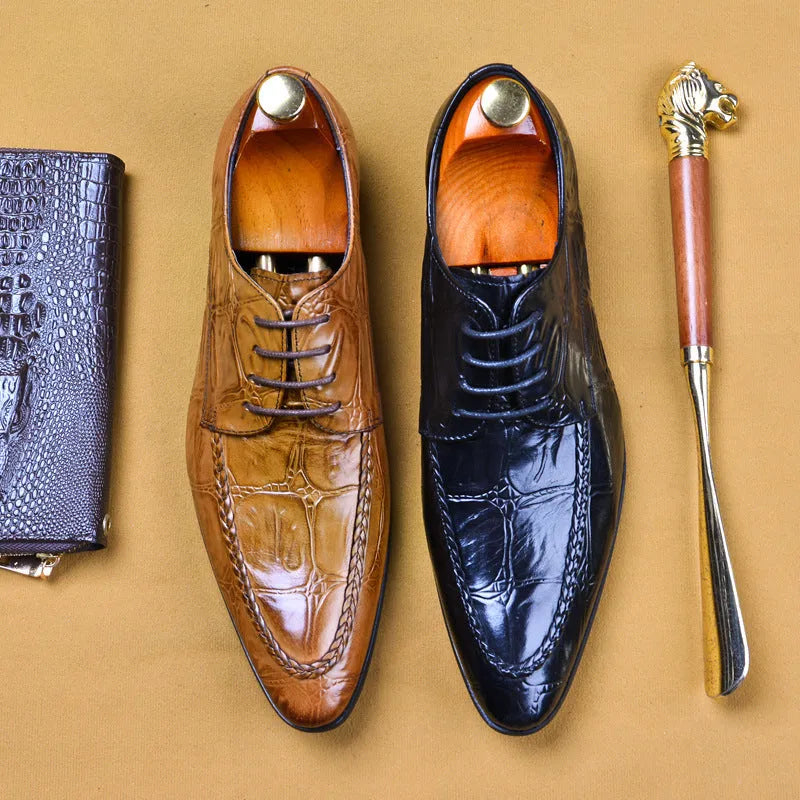 Men's brown leather shoes with horse bit buckle detail and rubber sole