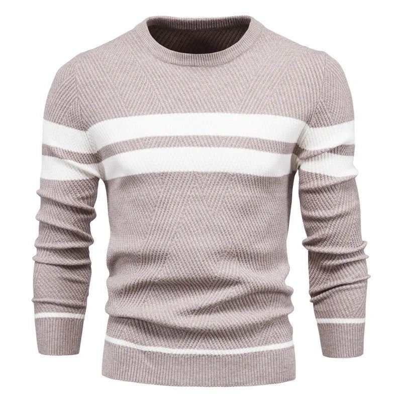 Men's casual striped knitted sweater in Army Green, long sleeve crew neck, side view