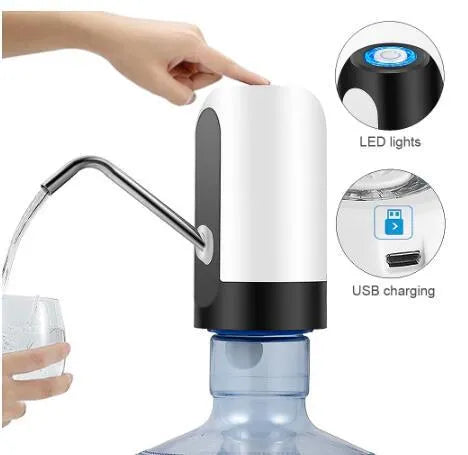 Automatic electric water bottle pump with blue light, USB cord, and black finish on a 5L bottle