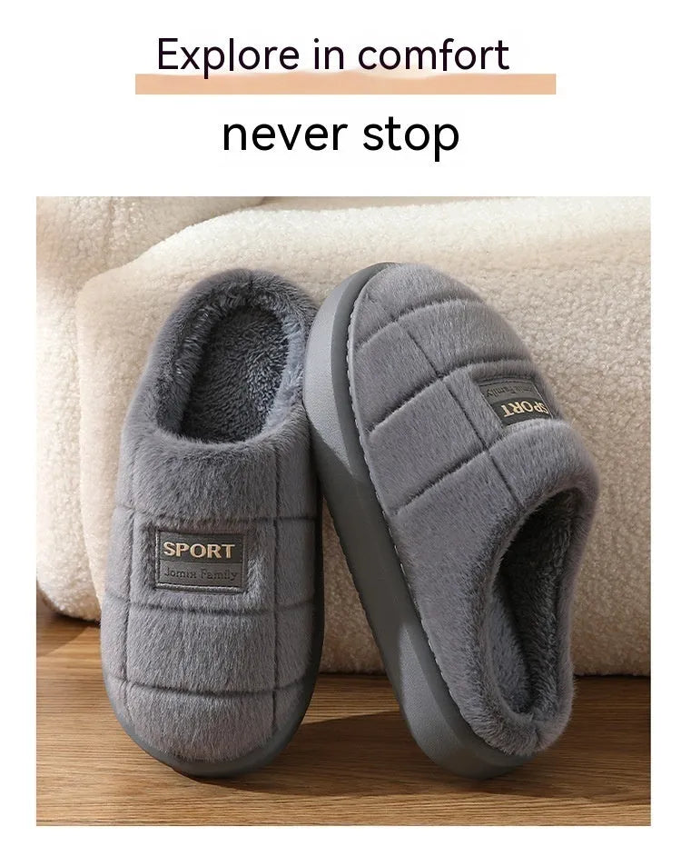Men's grey plaid winter slippers with thick sole and rabbit hair upper.
