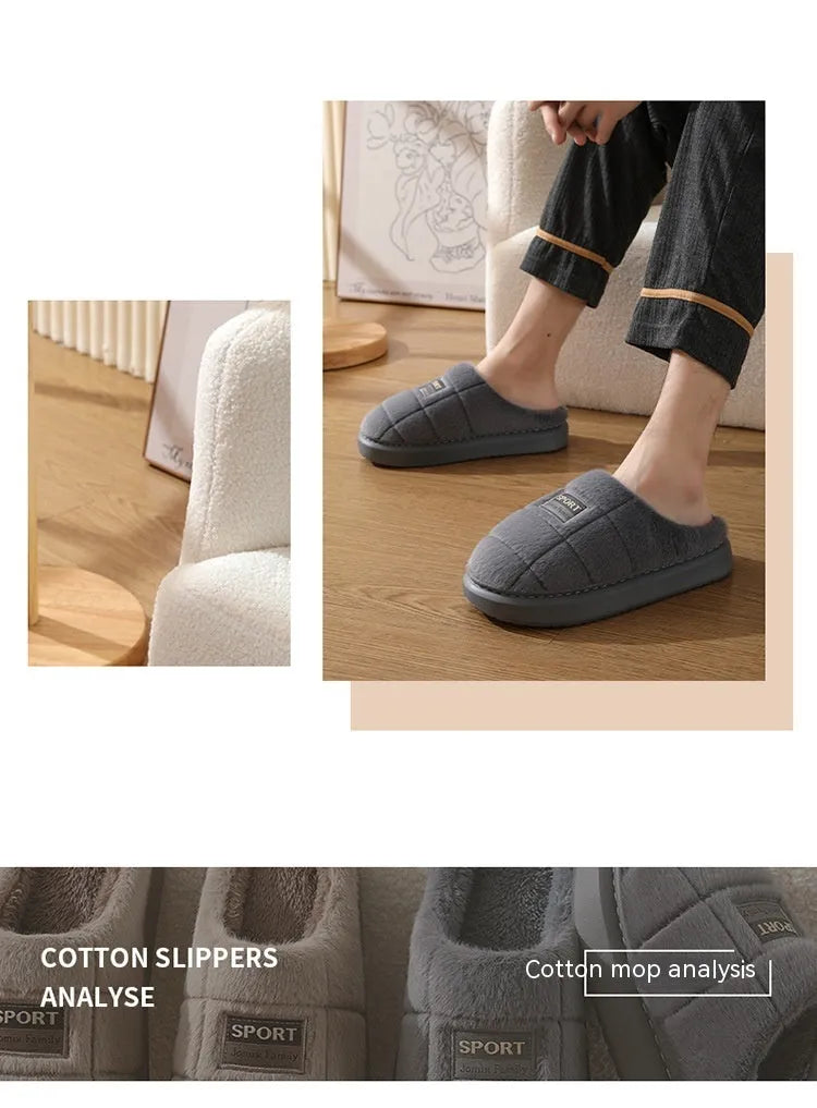Men's grey plaid winter slippers with thick sole and rabbit hair upper.